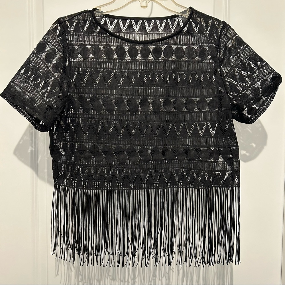 New black sheer short sleeve top with fringe by SHEIN.